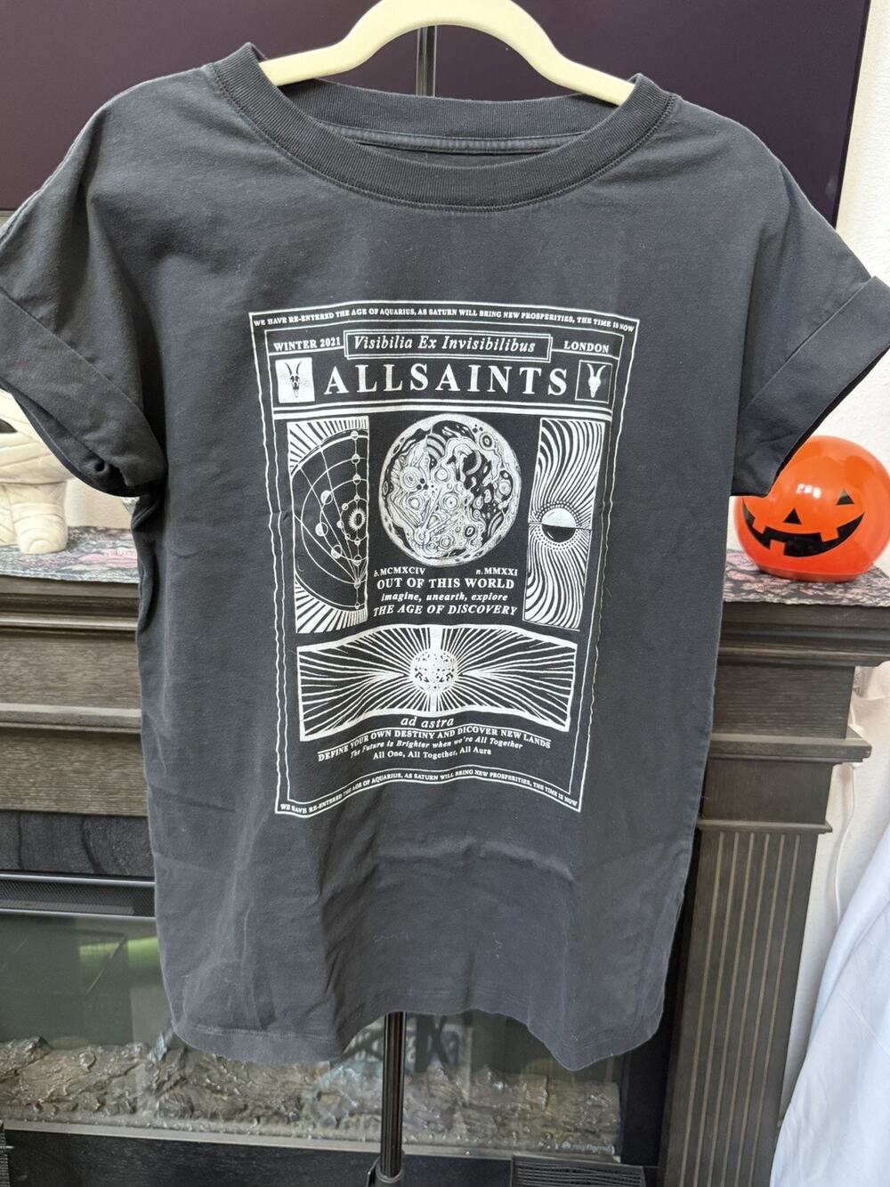 All Saints London Ad Astra Cuffed Sleeves Dark Grey Graphic T Shirt Men’s XS/S
